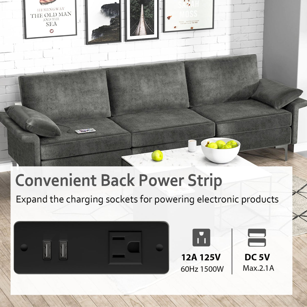 Large 3-Seat Modular Sectional Sofa - Silver 100" Linen-Sofas & Loveseats-DECOROLALA