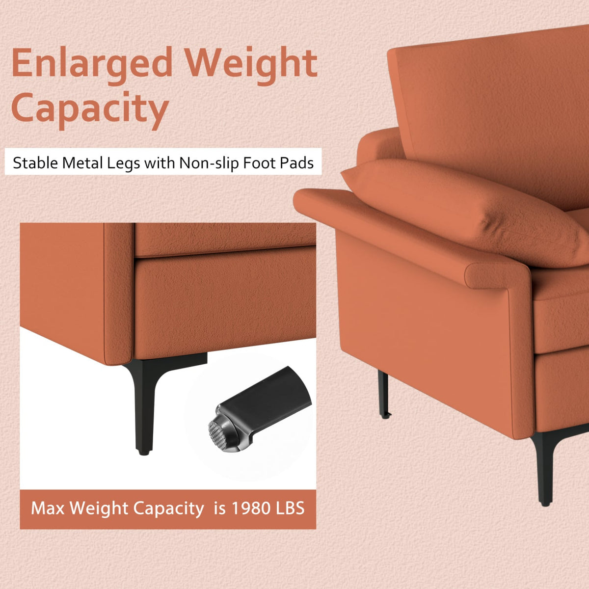 Large 3-Seat Sectional Sofa - Rust Red Lint Fabric 100"-Sofas & Loveseats-DECOROLALA