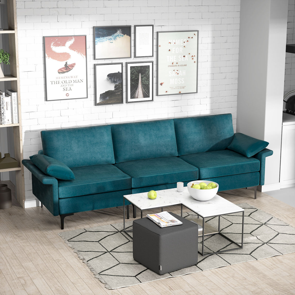 Large 3-Seat Sofa Sectional with Metal Legs and 2 USB Ports for 3-4 people-Turquoise-Sofas & Loveseats-DECOROLALA