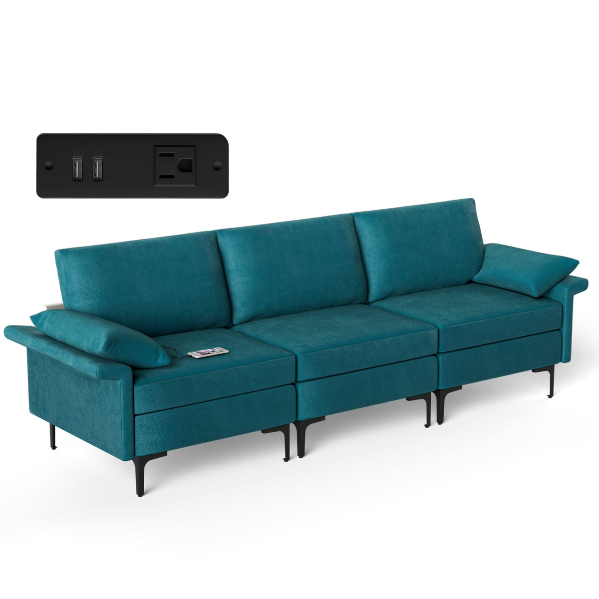 Large 3-Seat Sofa Sectional with Metal Legs and 2 USB Ports for 3-4 people-Turquoise-Sofas & Loveseats-DECOROLALA