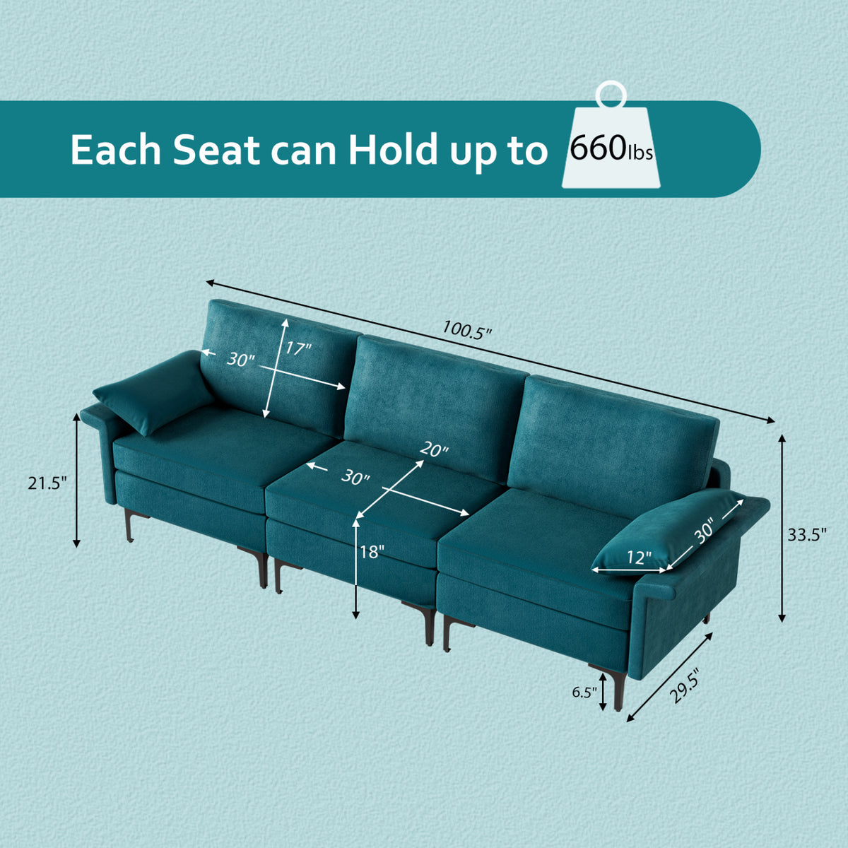 Large 3-Seat Sofa Sectional with Metal Legs and 2 USB Ports for 3-4 people-Turquoise-Sofas & Loveseats-DECOROLALA