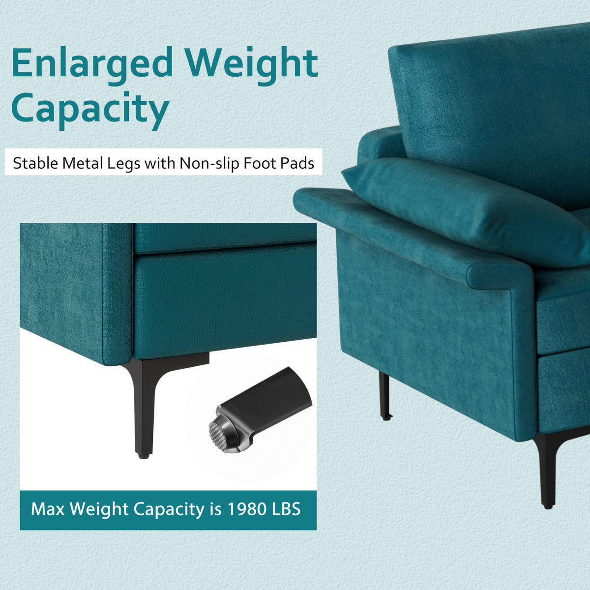 Large 3-Seat Sofa Sectional with Metal Legs and 2 USB Ports for 3-4 people-Turquoise-Sofas & Loveseats-DECOROLALA