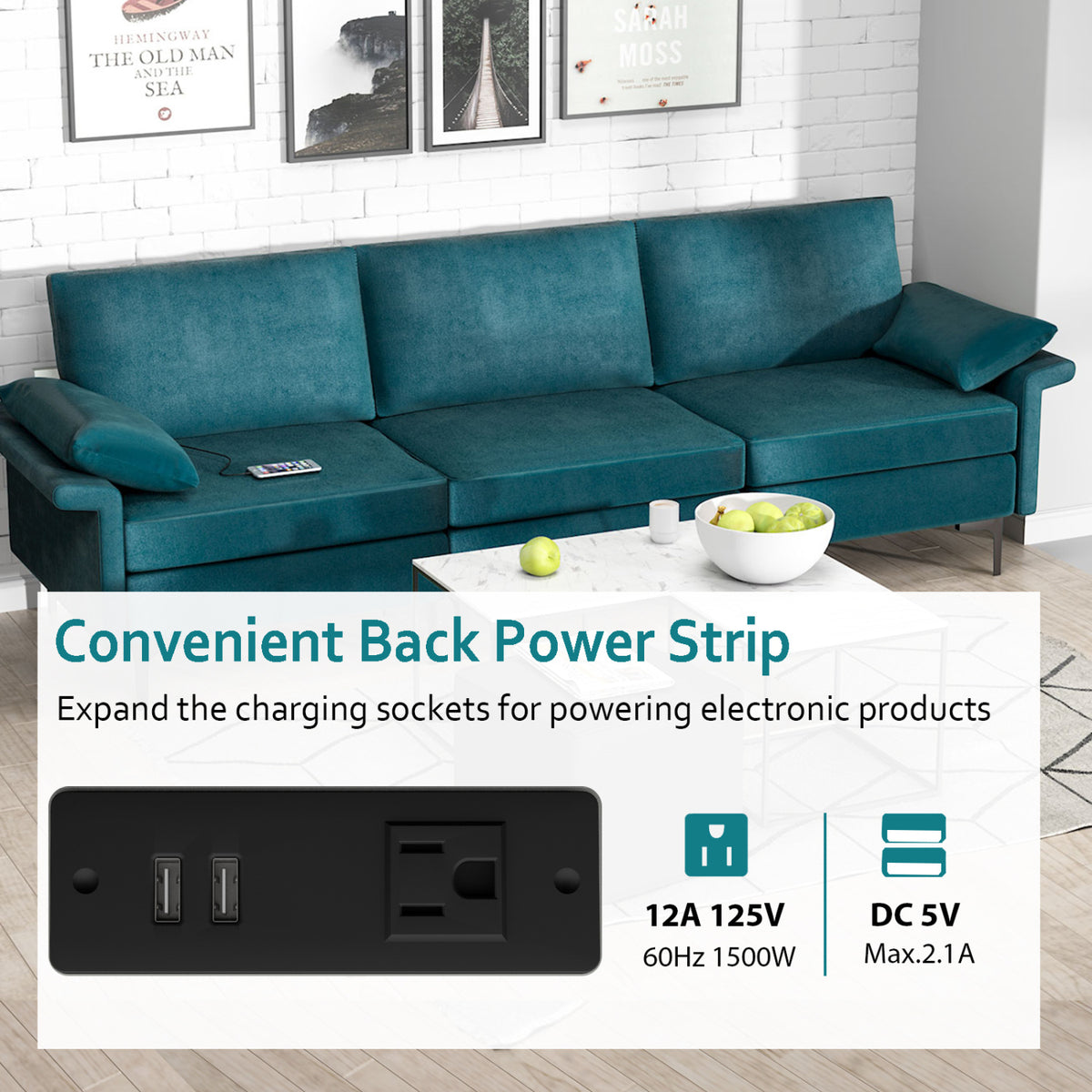 Large 3-Seat Sofa Sectional with Metal Legs and 2 USB Ports for 3-4 people-Turquoise-Sofas & Loveseats-DECOROLALA