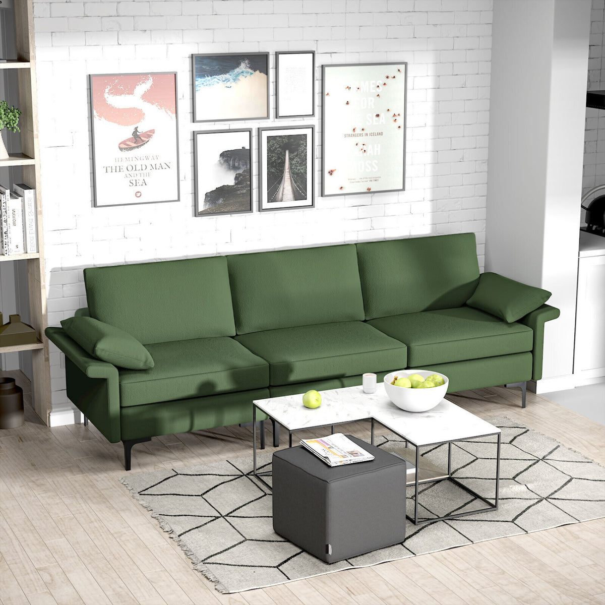 Large 3-Seat Sofa Sectional with Metal Legs for 3-4 people-Army Green-Sofas & Loveseats-DECOROLALA