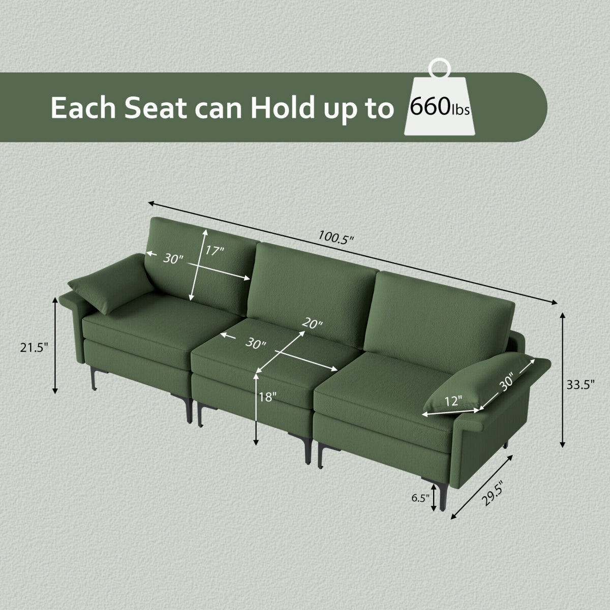 Large 3-Seat Sofa Sectional with Metal Legs for 3-4 people-Army Green-Sofas & Loveseats-DECOROLALA