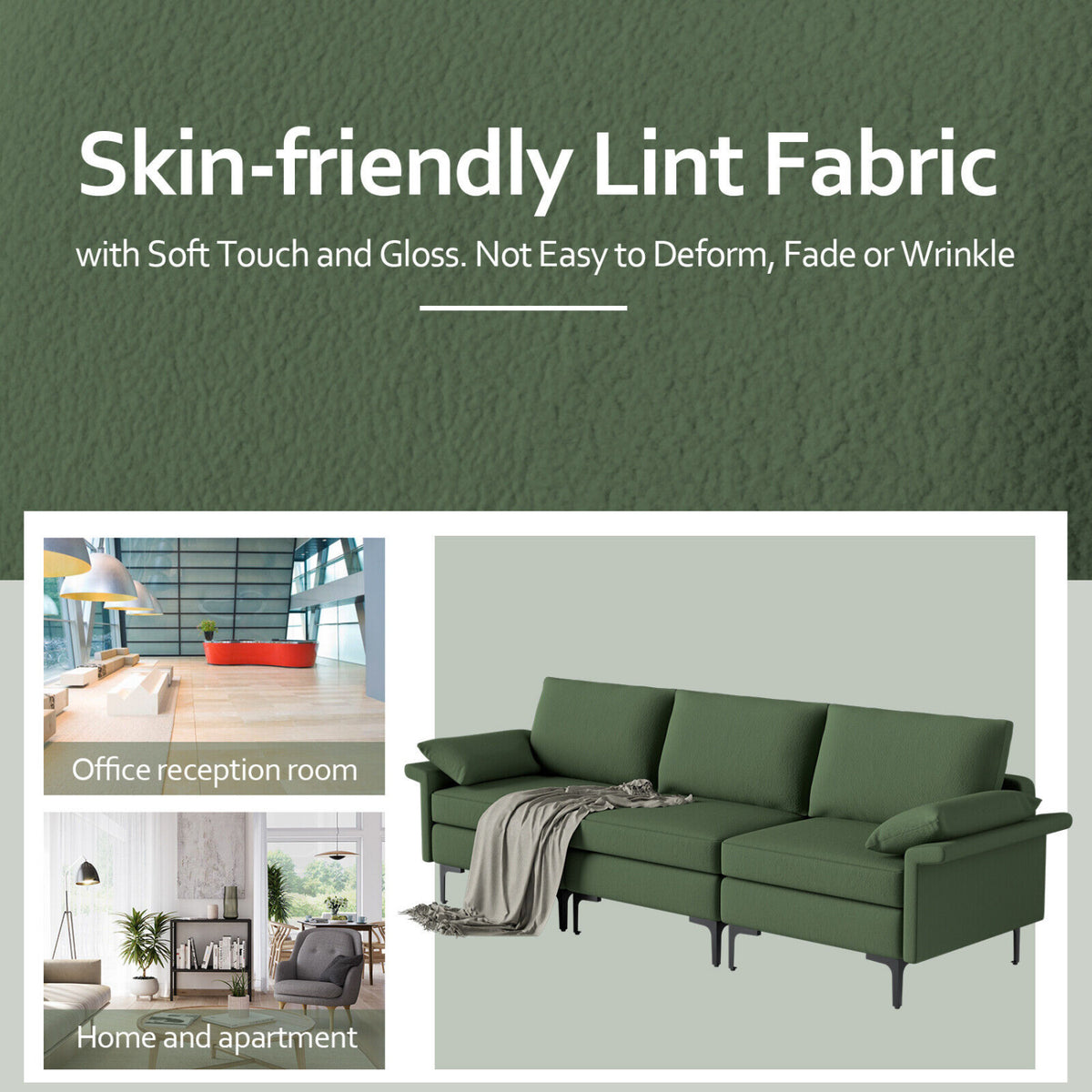 Large 3-Seat Sofa Sectional with Metal Legs for 3-4 people-Army Green-Sofas & Loveseats-DECOROLALA