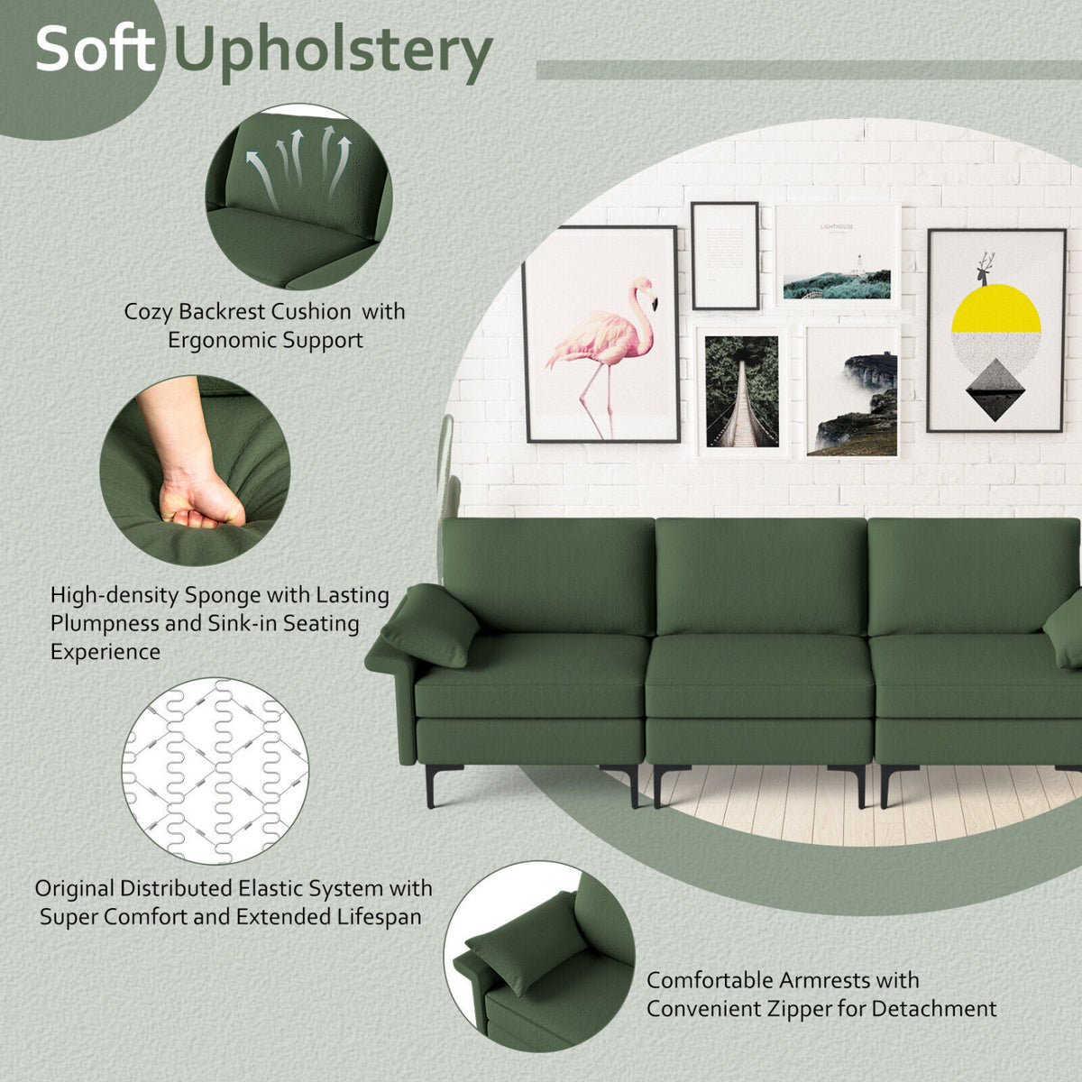 Large 3-Seat Sofa Sectional with Metal Legs for 3-4 people-Army Green-Sofas & Loveseats-DECOROLALA