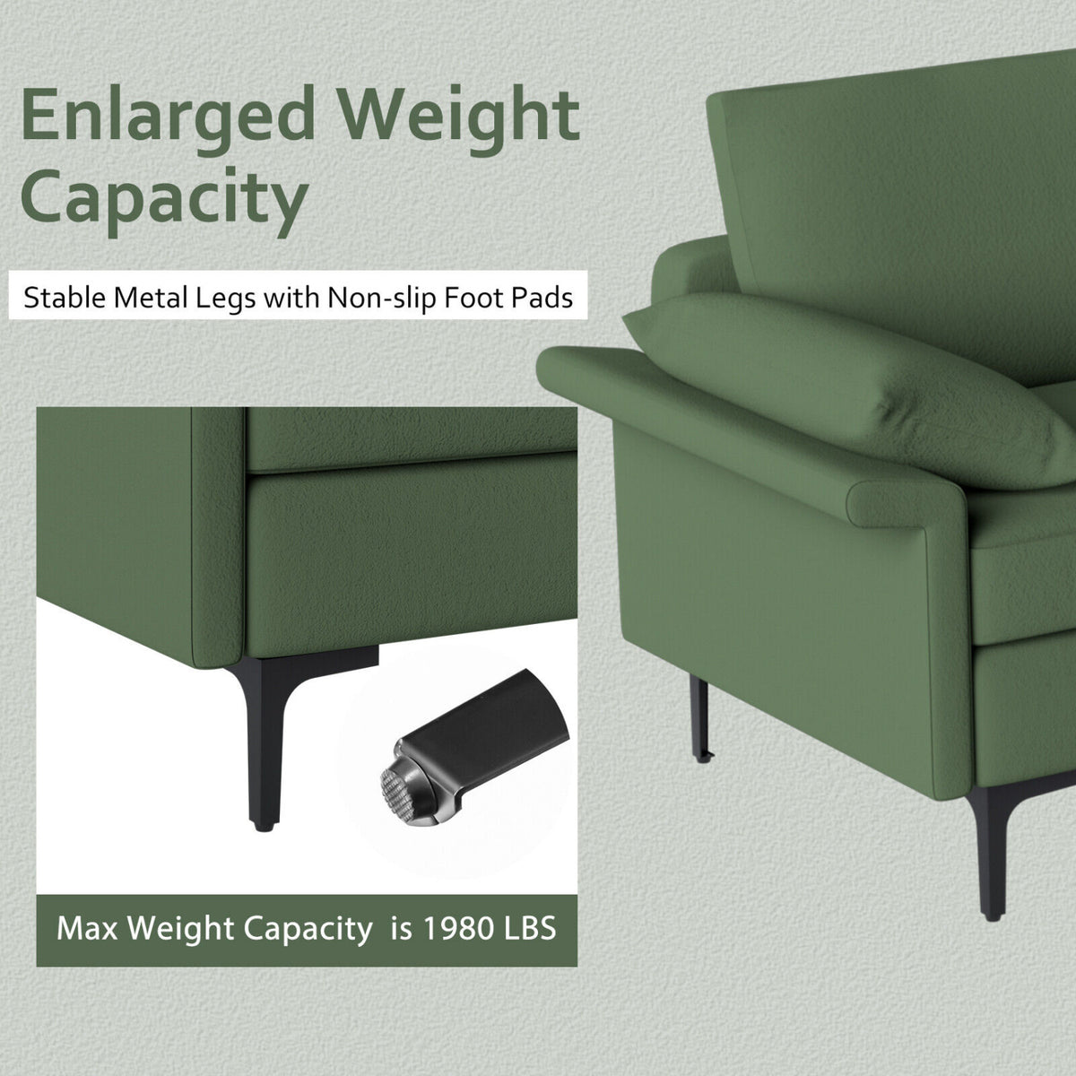 Large 3-Seat Sofa Sectional with Metal Legs for 3-4 people-Army Green-Sofas & Loveseats-DECOROLALA