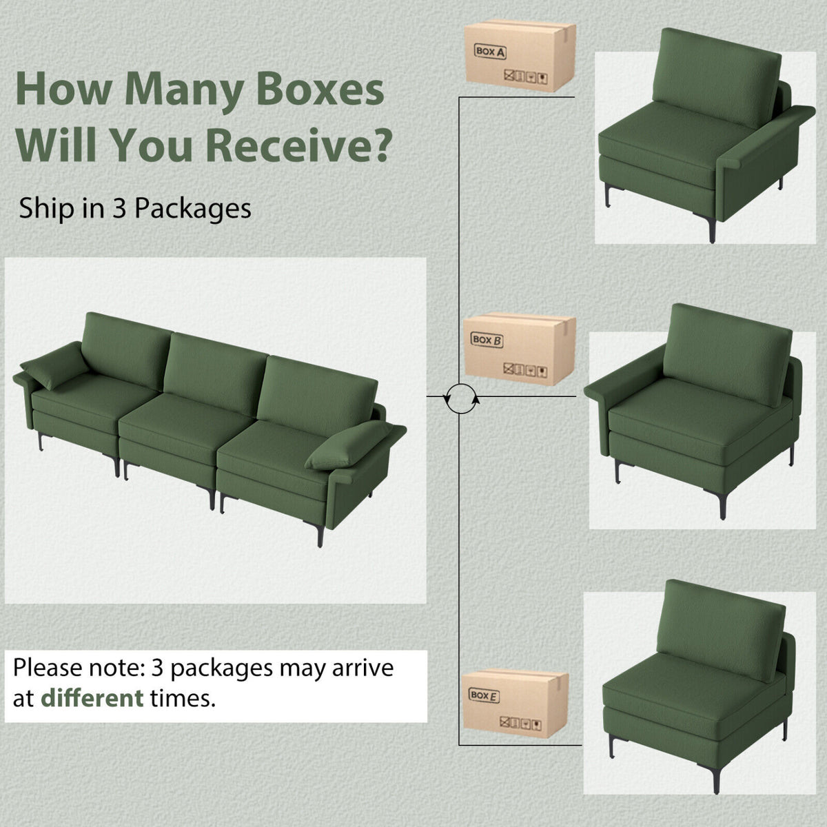 Large 3-Seat Sofa Sectional with Metal Legs for 3-4 people-Army Green-Sofas & Loveseats-DECOROLALA