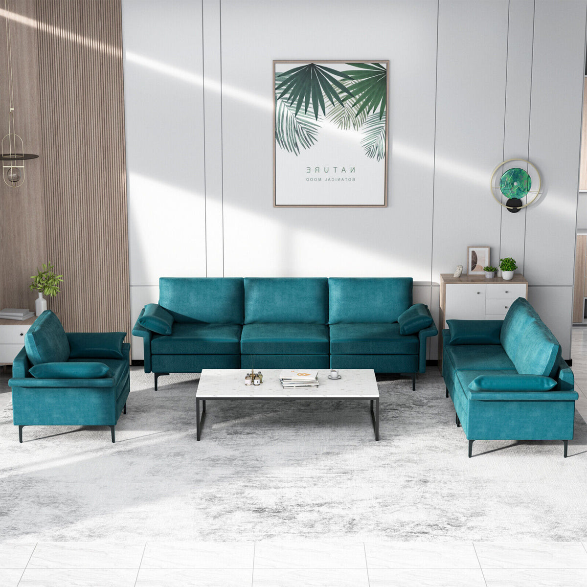 Large 3-Seat Sofa Sectional with Metal Legs for 3-4 people-Peacock Blue-Sofas & Loveseats-DECOROLALA
