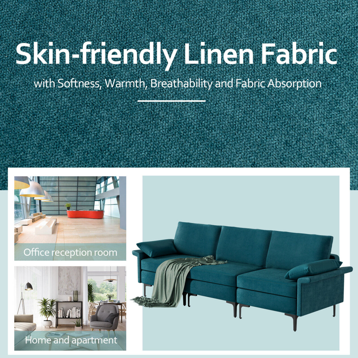 Large 3-Seat Sofa Sectional with Metal Legs for 3-4 people-Peacock Blue-Sofas & Loveseats-DECOROLALA