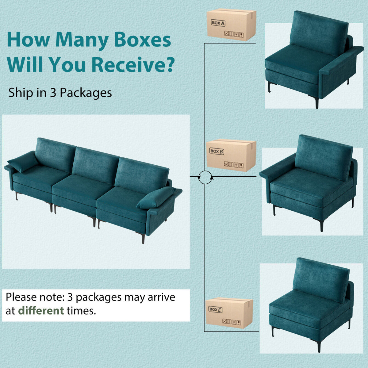 Large 3-Seat Sofa Sectional with Metal Legs for 3-4 people-Peacock Blue-Sofas & Loveseats-DECOROLALA