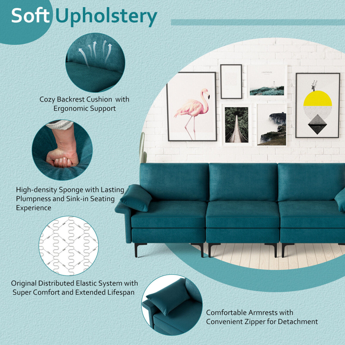 Large 3-Seat Sofa Sectional with Metal Legs for 3-4 people-Peacock Blue-Sofas & Loveseats-DECOROLALA