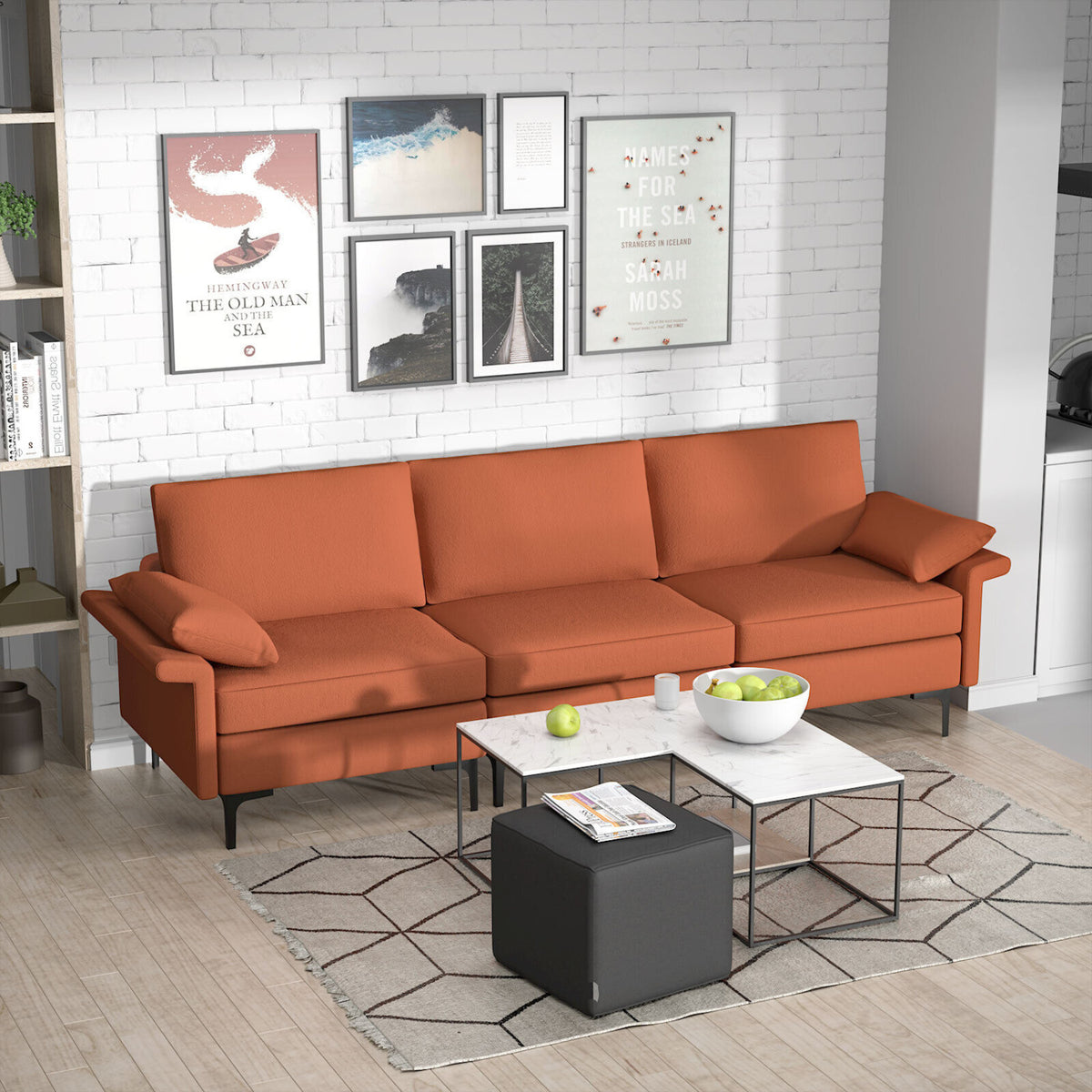 Large 3-Seat Sofa Sectional with Metal Legs for 3-4 people-Rust Red-Sofas & Loveseats-DECOROLALA