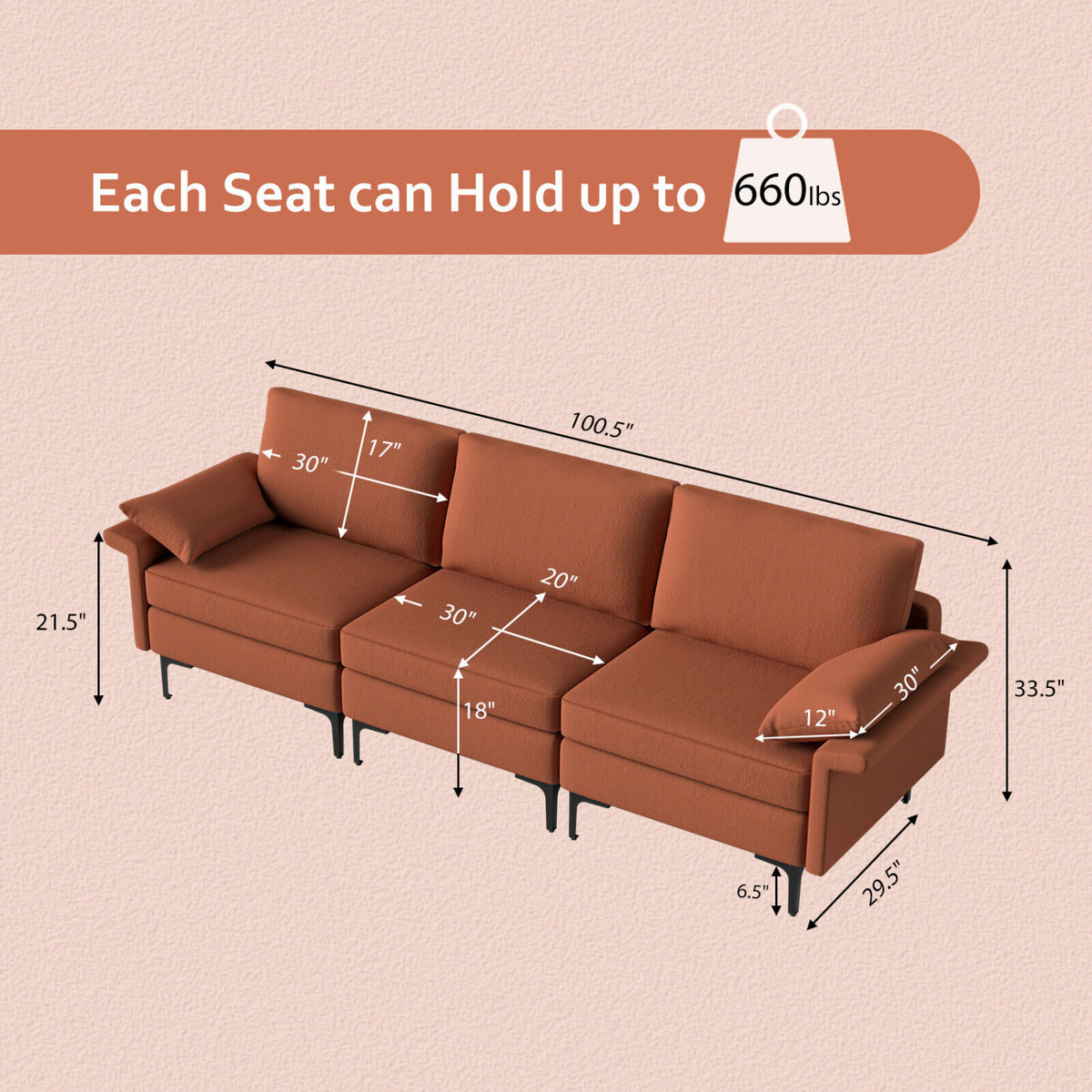 Large 3-Seat Sofa Sectional with Metal Legs for 3-4 people-Rust Red-Sofas & Loveseats-DECOROLALA