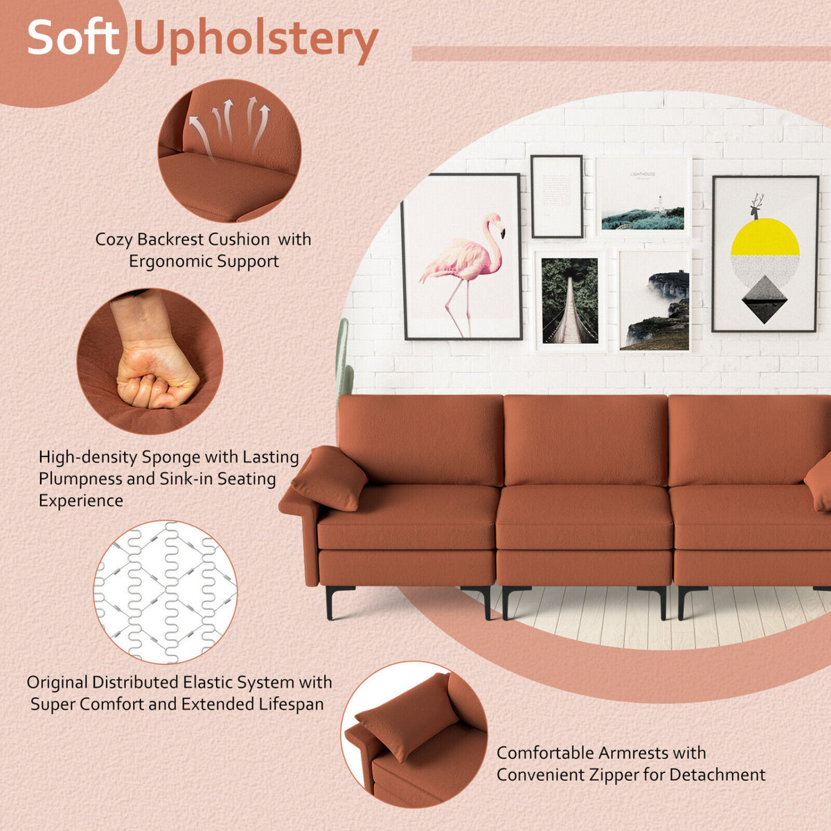 Large 3-Seat Sofa Sectional with Metal Legs for 3-4 people-Rust Red-Sofas & Loveseats-DECOROLALA