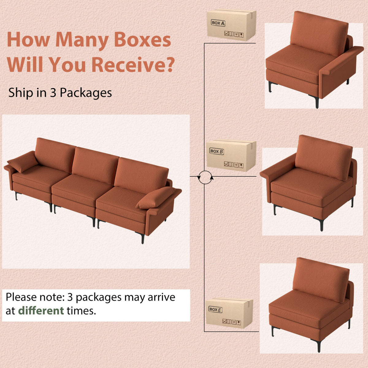 Large 3-Seat Sofa Sectional with Metal Legs for 3-4 people-Rust Red-Sofas & Loveseats-DECOROLALA