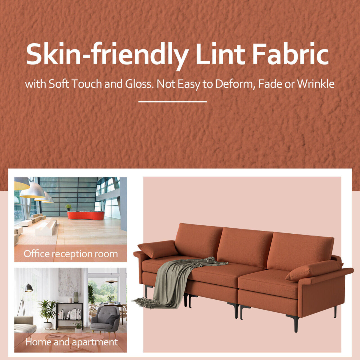Large 3-Seat Sofa Sectional with Metal Legs for 3-4 people-Rust Red-Sofas & Loveseats-DECOROLALA