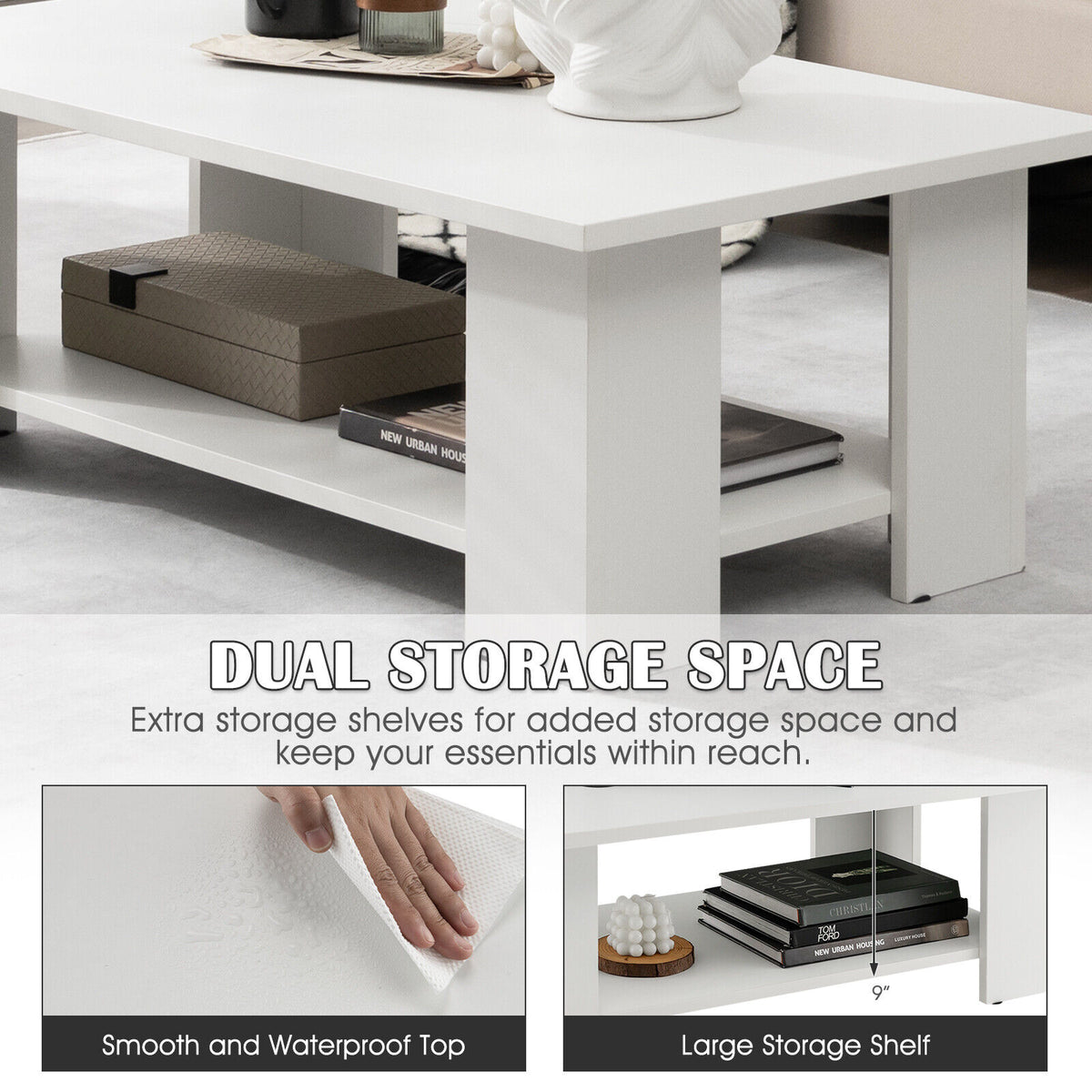 Large 36 Inch 2-tier Wooden Modern Coffee Table with Storage Shelf-Coffee Tables-DECOROLALA