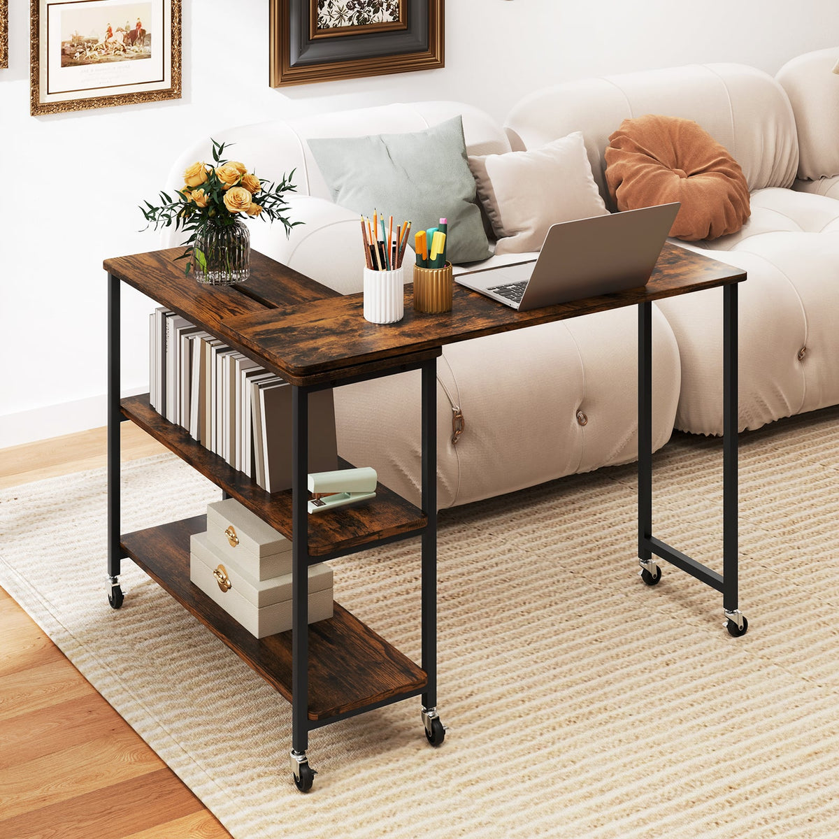 Large 360-Degree Free Rotating Sofa Side Table with Wheels and Storage Shelf-Rustic Brown-End & Side Tables-DECOROLALA