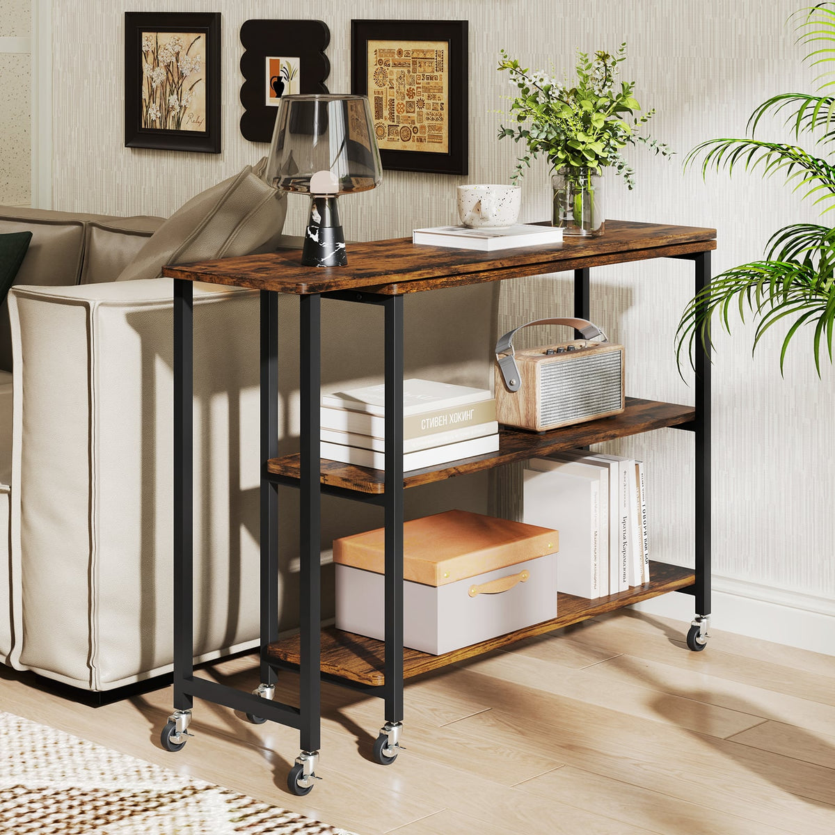 Large 360-Degree Free Rotating Sofa Side Table with Wheels and Storage Shelf-Rustic Brown-End & Side Tables-DECOROLALA