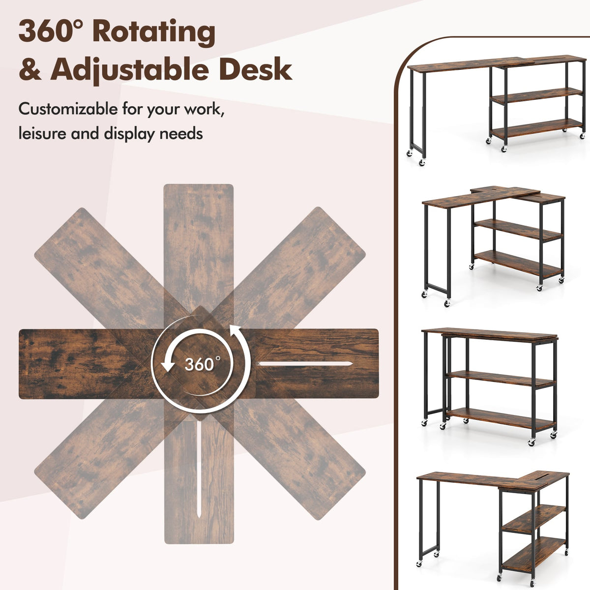 Large 360-Degree Free Rotating Sofa Side Table with Wheels and Storage Shelf-Rustic Brown-End & Side Tables-DECOROLALA