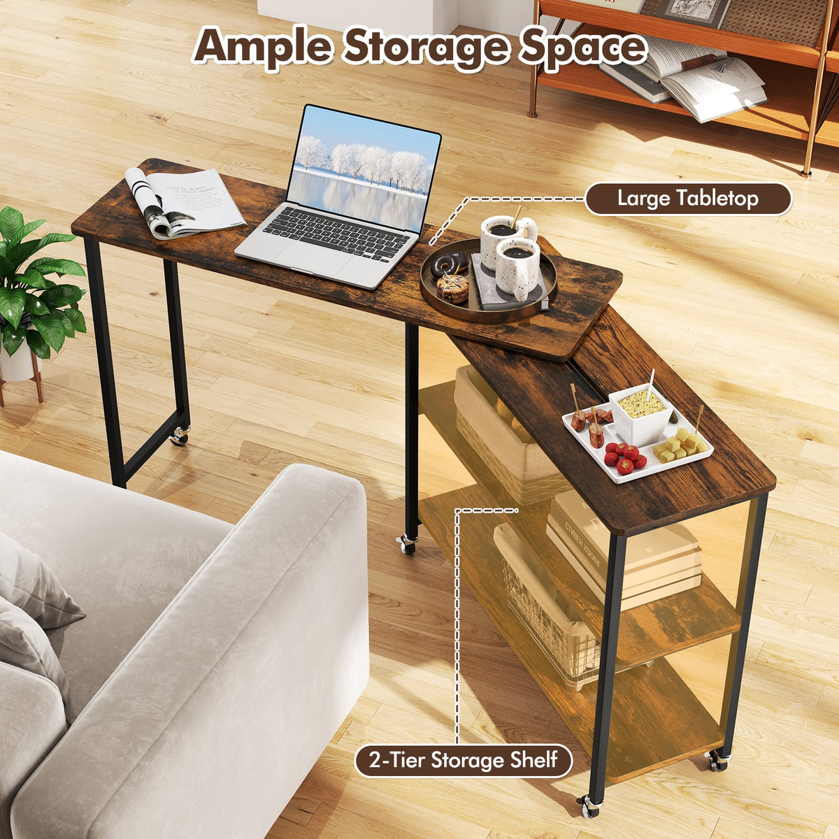 Large 360-Degree Free Rotating Sofa Side Table with Wheels and Storage Shelf-Rustic Brown-End & Side Tables-DECOROLALA