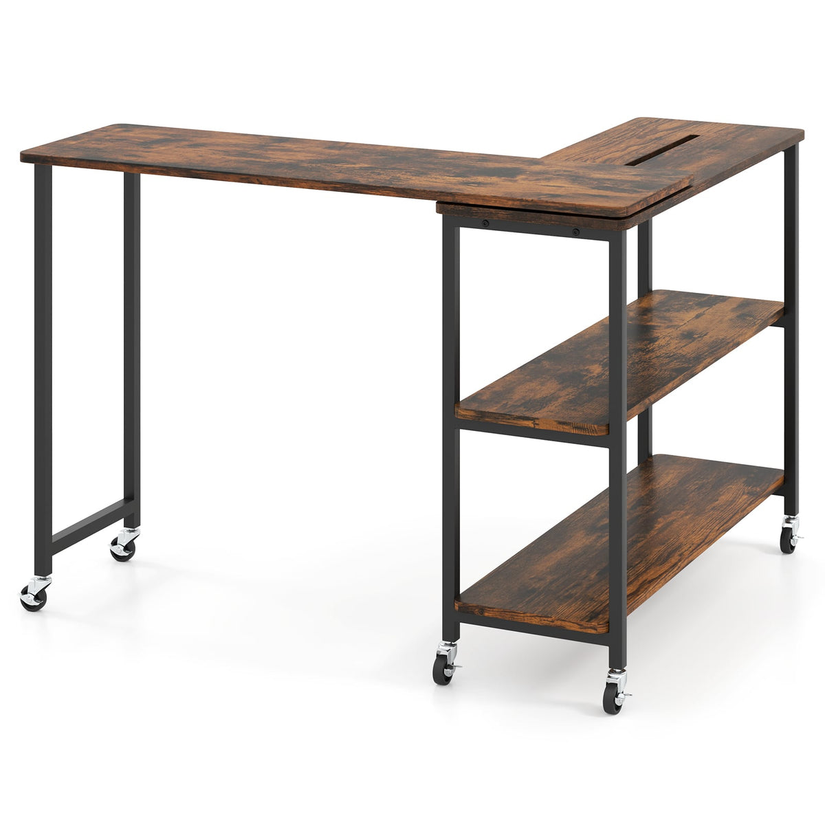 Large 360-Degree Free Rotating Sofa Side Table with Wheels and Storage Shelf-Rustic Brown-End & Side Tables-DECOROLALA