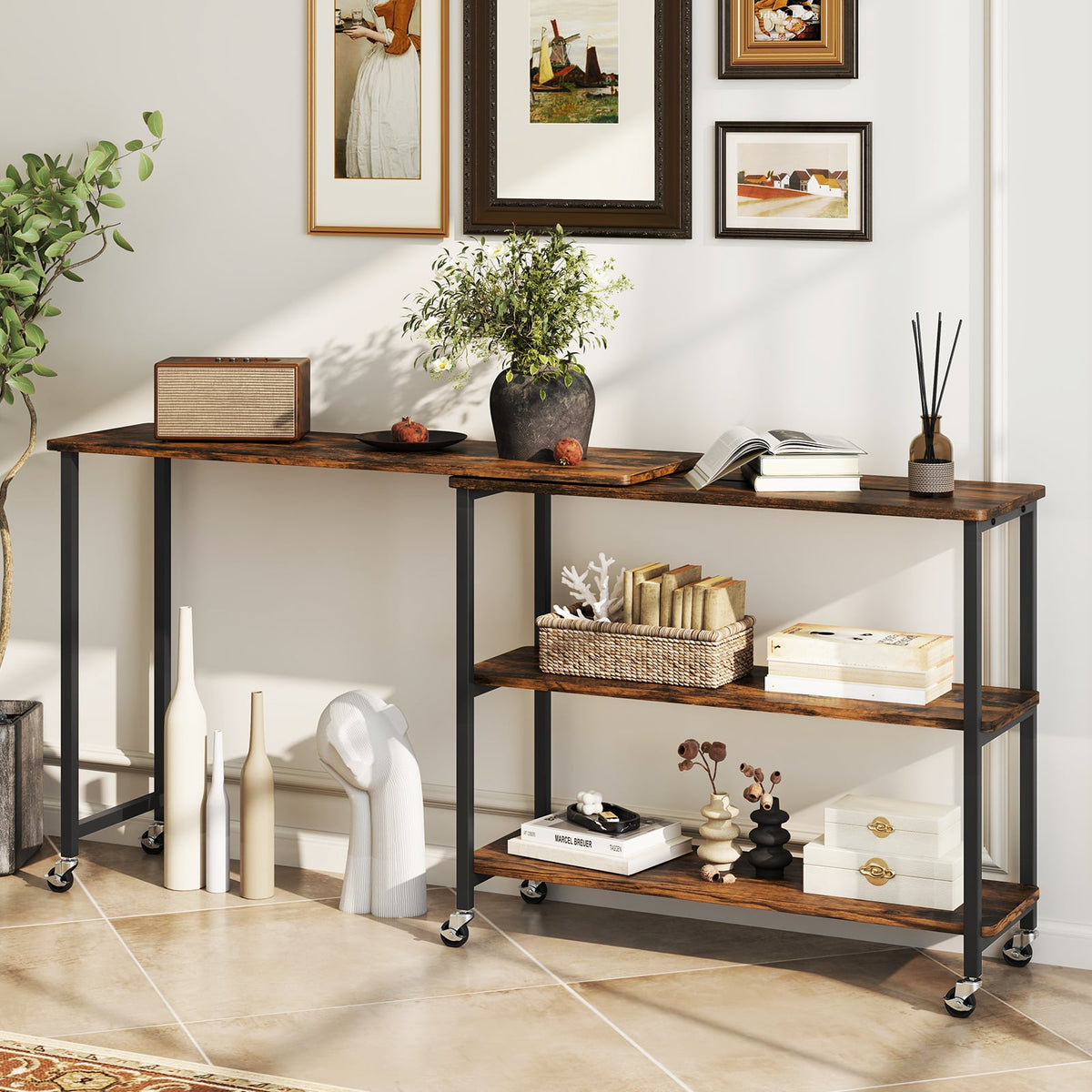 Large 360-Degree Free Rotating Sofa Side Table with Wheels and Storage Shelf-Rustic Brown-End & Side Tables-DECOROLALA