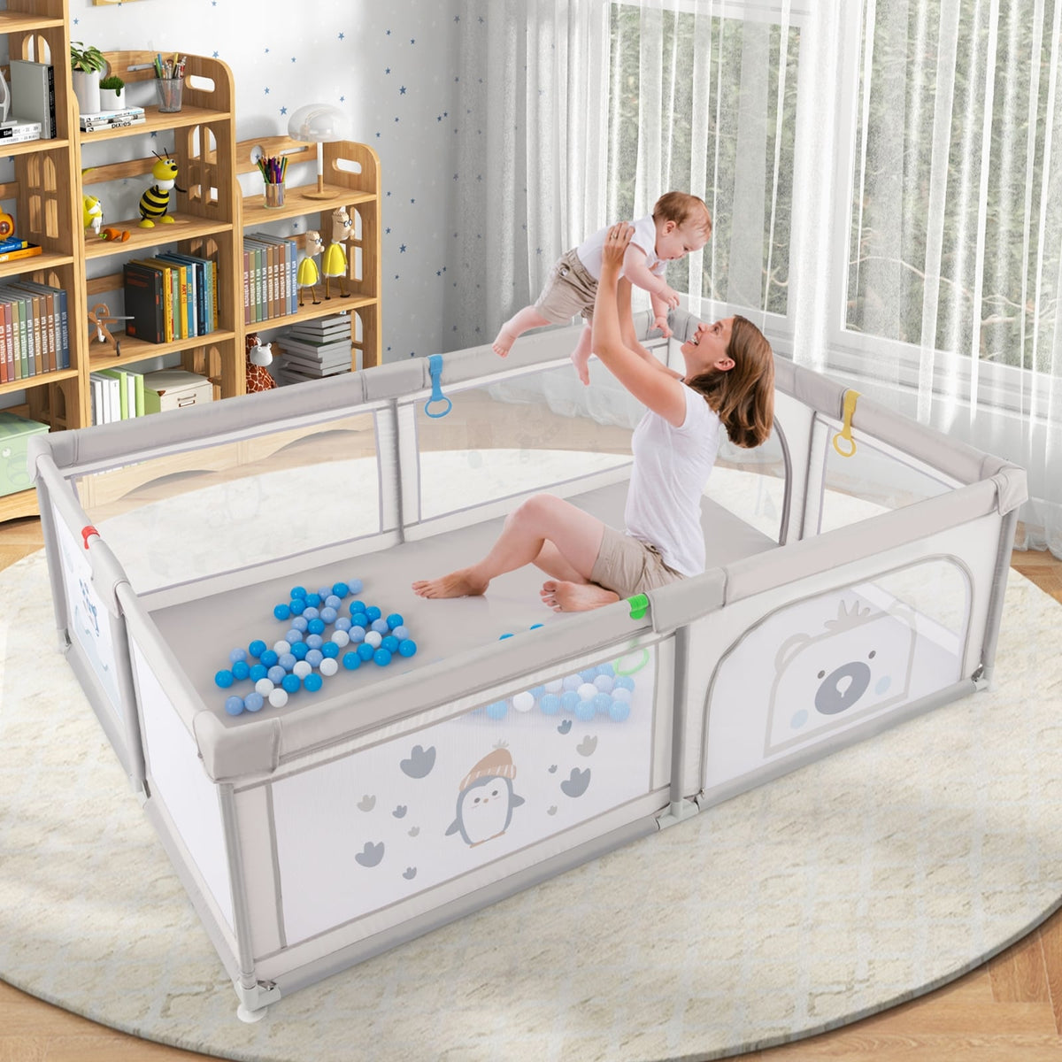 Large Baby Playpen with Pull Rings Ocean Balls and Cute Pattern-Penguin-Baby Playpens & Playards-DECOROLALA
