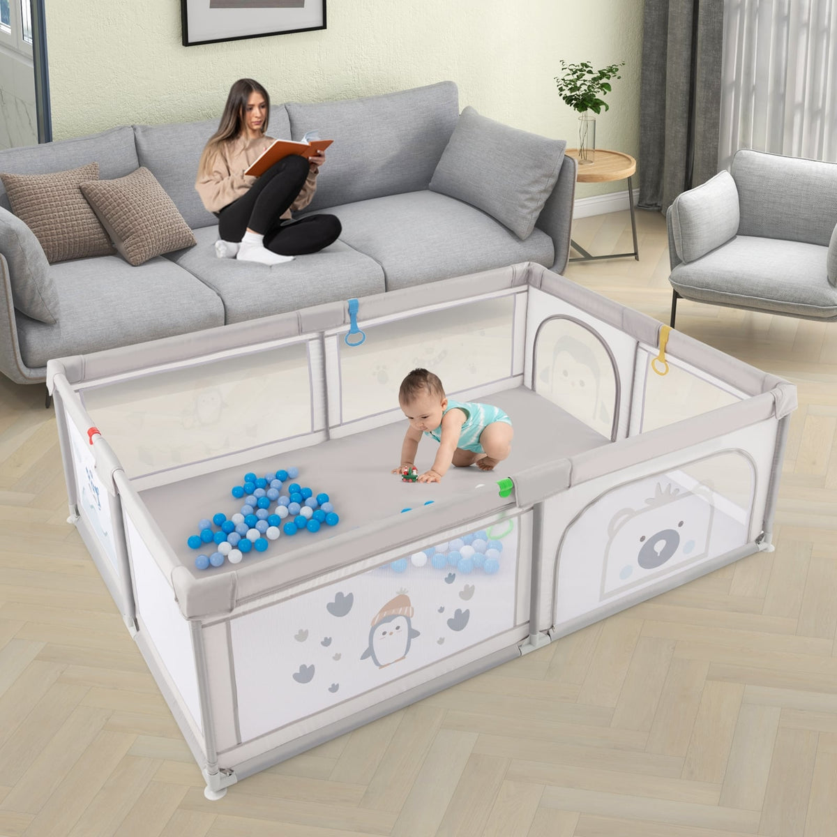 Large Baby Playpen with Pull Rings Ocean Balls and Cute Pattern-Penguin-Baby Playpens & Playards-DECOROLALA