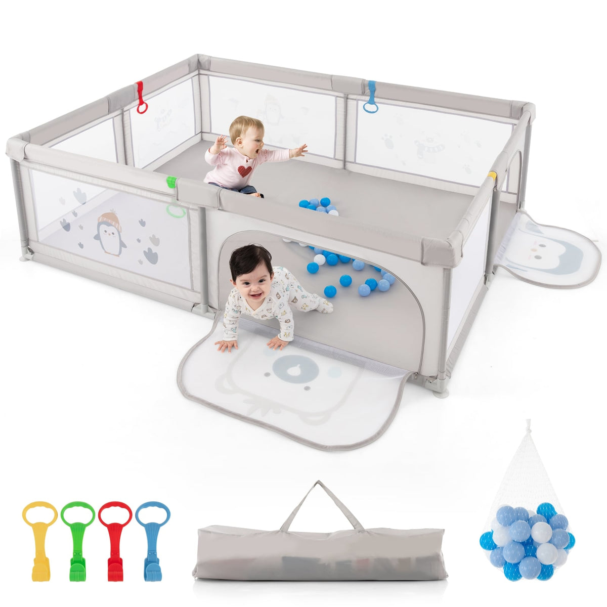 Large Baby Playpen with Pull Rings Ocean Balls and Cute Pattern-Penguin-Baby Playpens & Playards-DECOROLALA