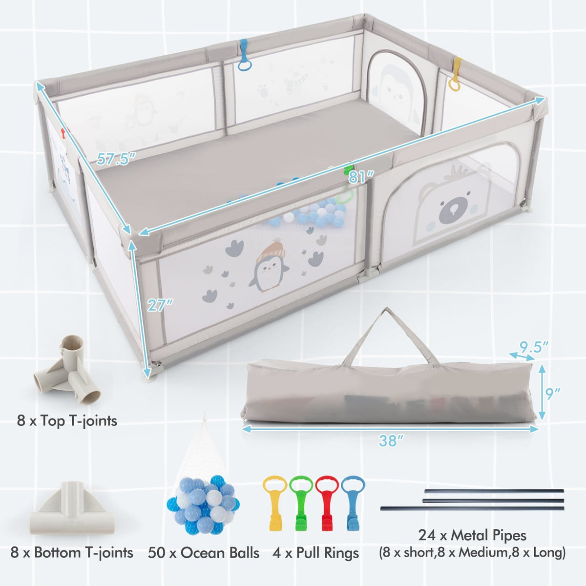 Large Baby Playpen with Pull Rings Ocean Balls and Cute Pattern-Penguin-Baby Playpens & Playards-DECOROLALA