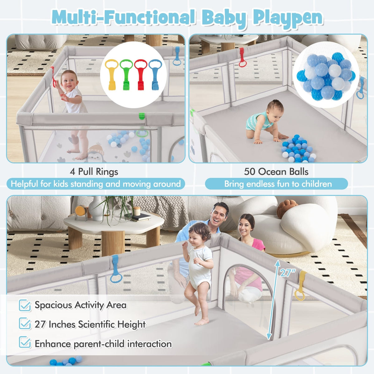 Large Baby Playpen with Pull Rings Ocean Balls and Cute Pattern-Penguin-Baby Playpens & Playards-DECOROLALA