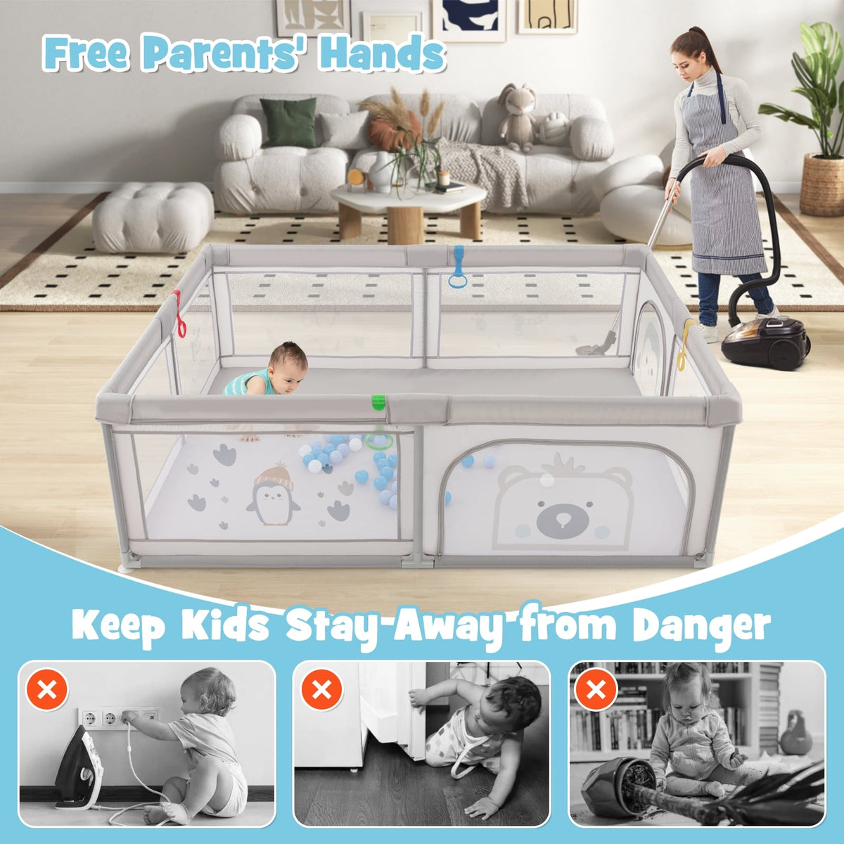 Large Baby Playpen with Pull Rings Ocean Balls and Cute Pattern-Penguin-Baby Playpens & Playards-DECOROLALA