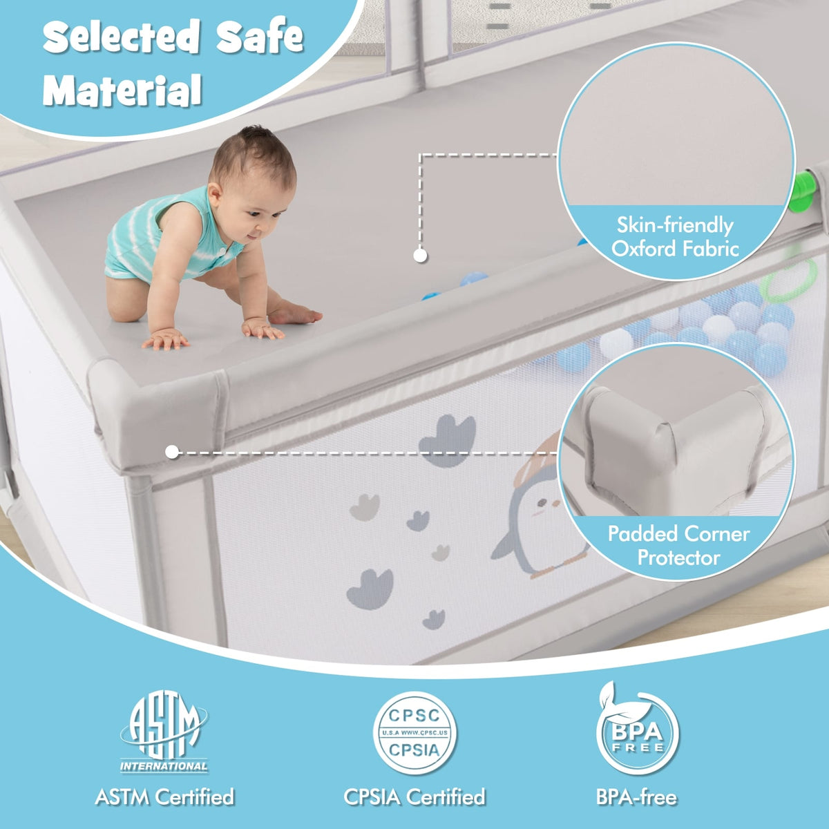 Large Baby Playpen with Pull Rings Ocean Balls and Cute Pattern-Penguin-Baby Playpens & Playards-DECOROLALA