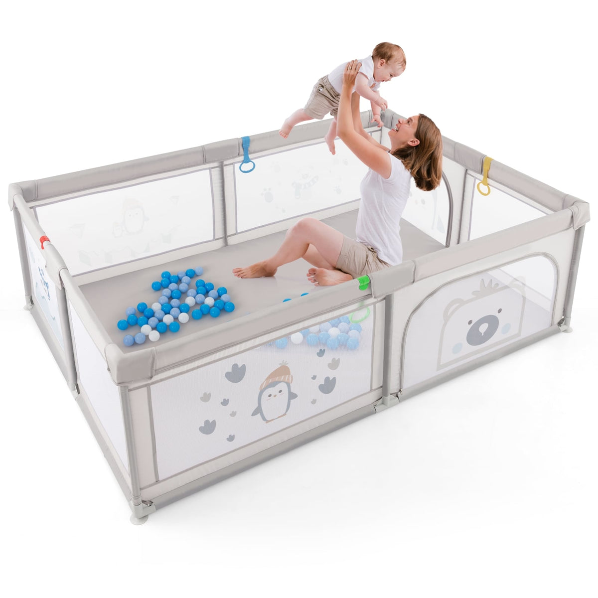 Large Baby Playpen with Pull Rings Ocean Balls and Cute Pattern-Penguin-Baby Playpens & Playards-DECOROLALA