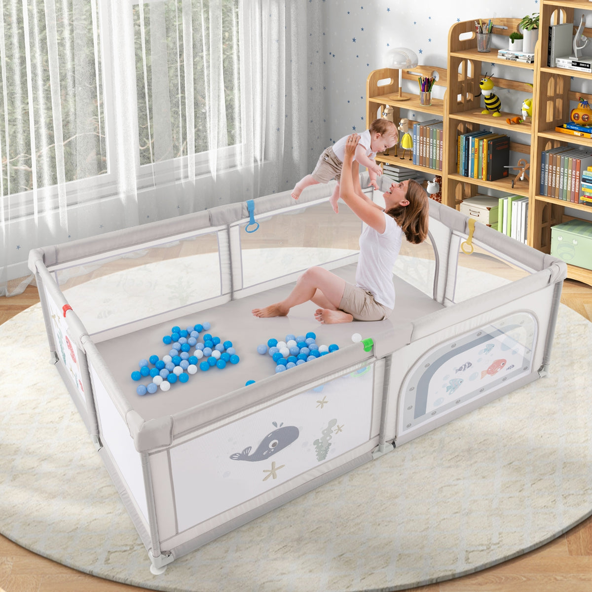 Large Baby Playpen with Pull Rings Ocean Balls and Cute Pattern-Whale-Baby Playpens & Playards-DECOROLALA