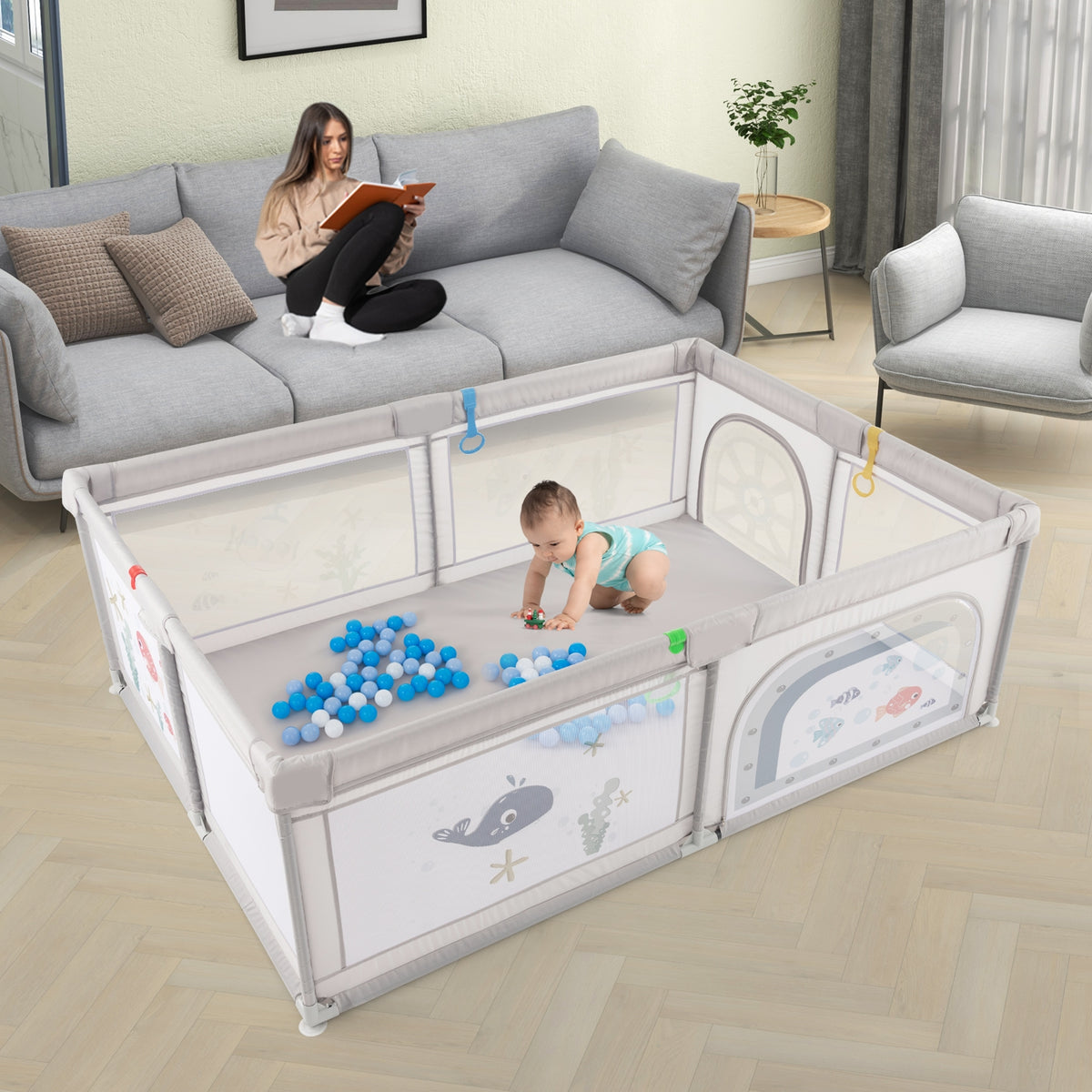 Large Baby Playpen with Pull Rings Ocean Balls and Cute Pattern-Whale-Baby Playpens & Playards-DECOROLALA