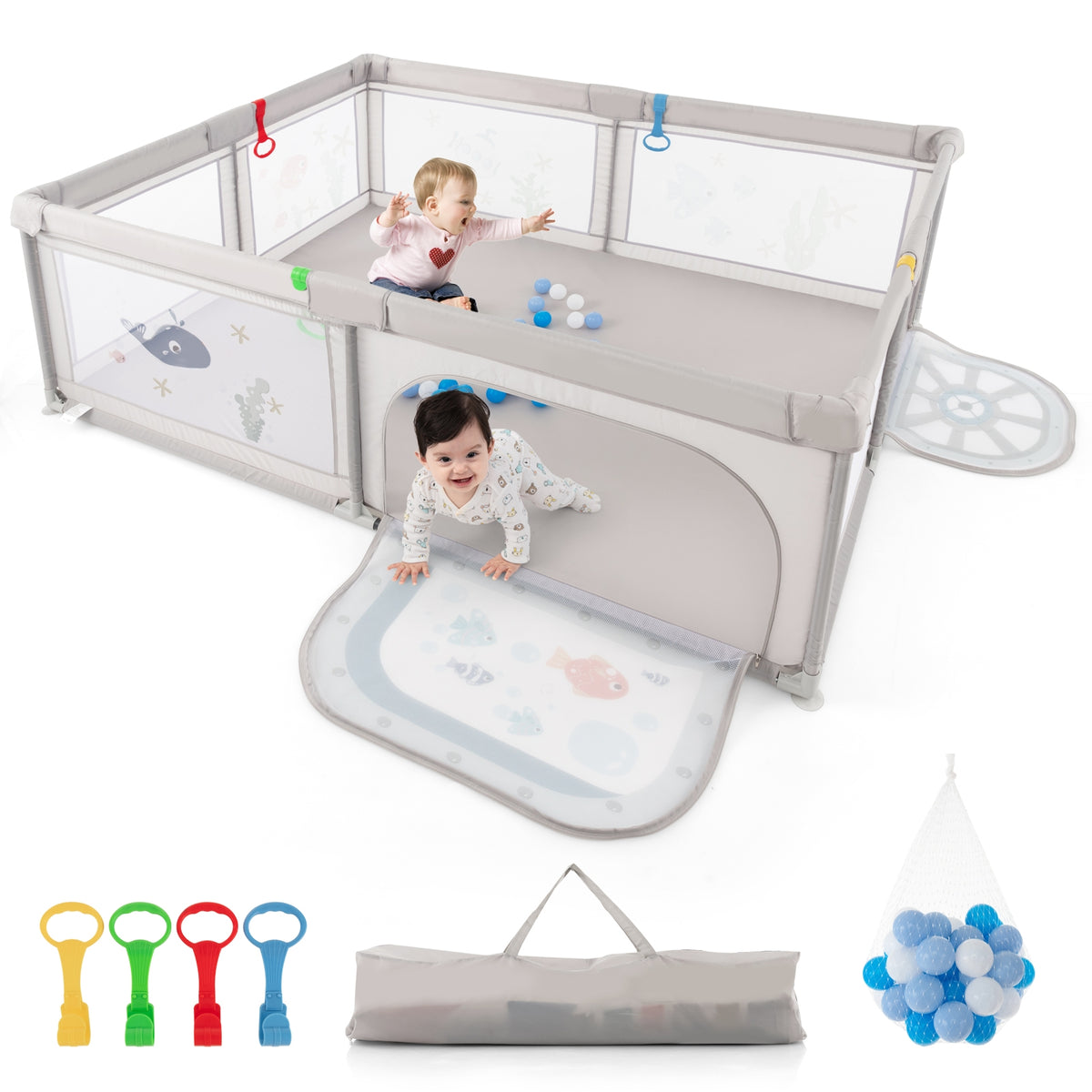 Large Baby Playpen with Pull Rings Ocean Balls and Cute Pattern-Whale-Baby Playpens & Playards-DECOROLALA