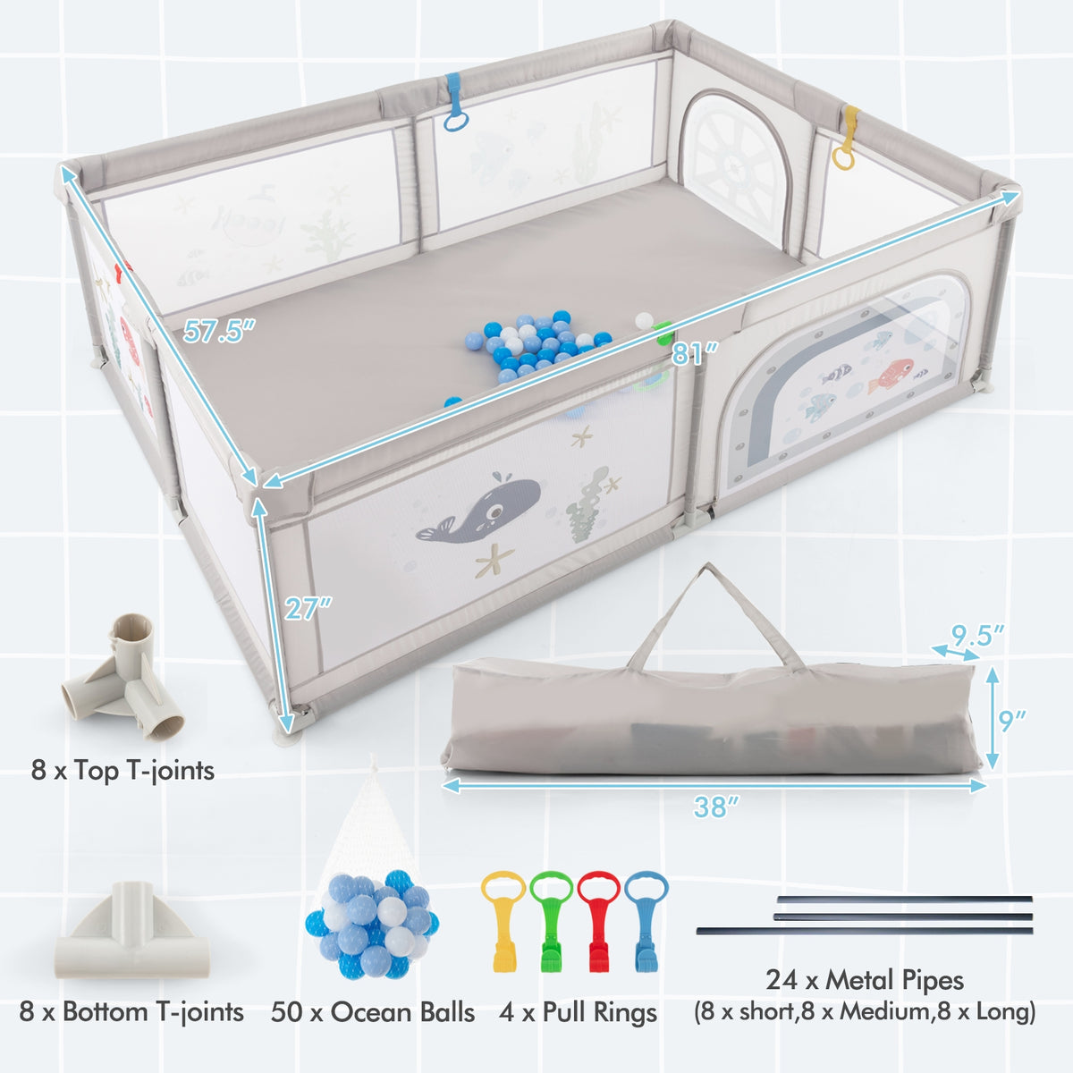 Large Baby Playpen with Pull Rings Ocean Balls and Cute Pattern-Whale-Baby Playpens & Playards-DECOROLALA