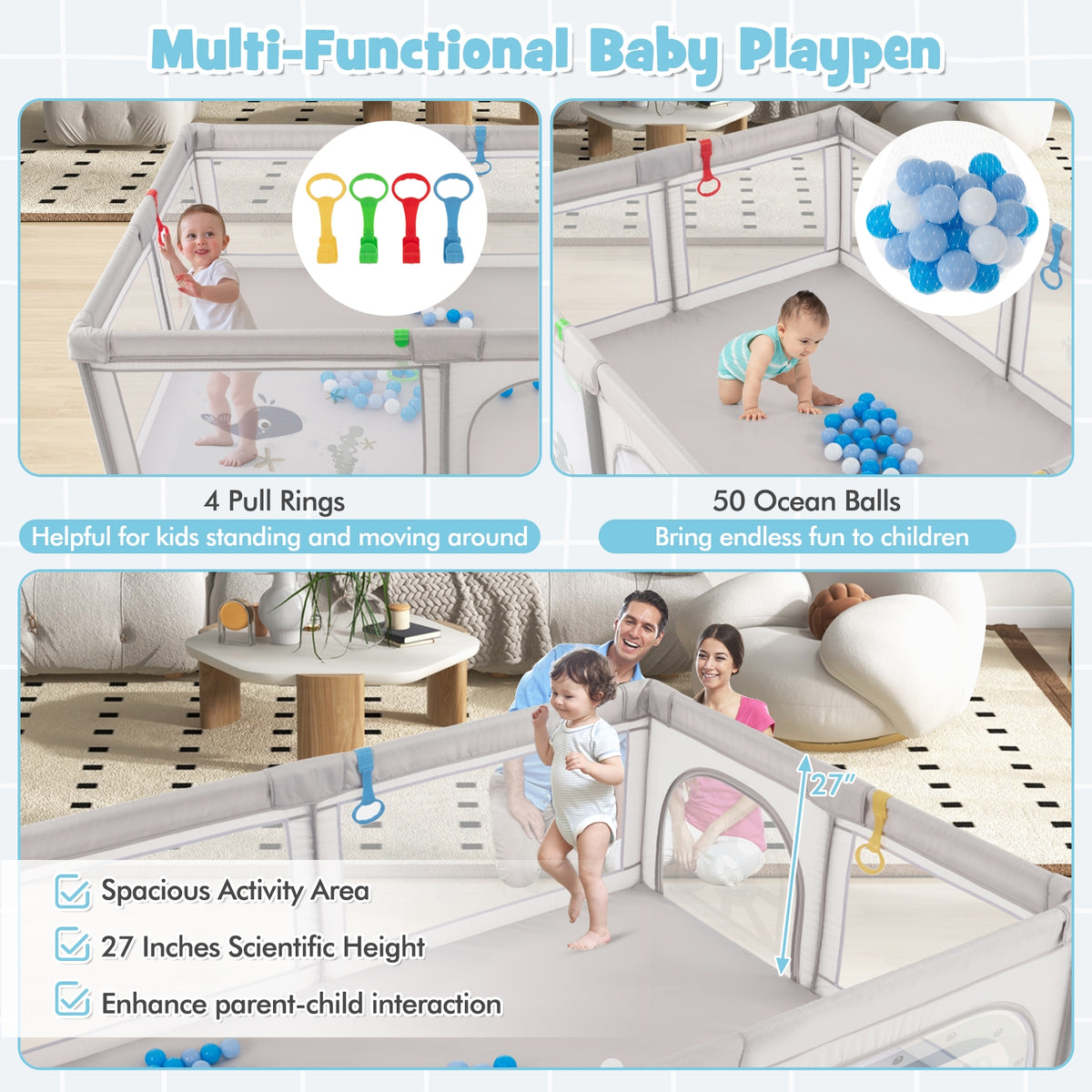 Large Baby Playpen with Pull Rings Ocean Balls and Cute Pattern-Whale-Baby Playpens & Playards-DECOROLALA