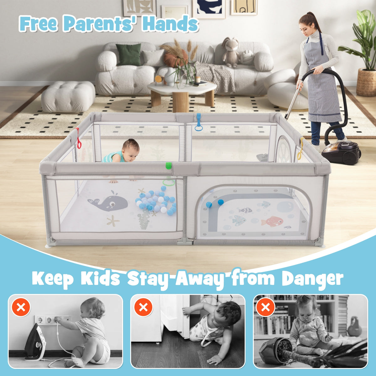 Large Baby Playpen with Pull Rings Ocean Balls and Cute Pattern-Whale-Baby Playpens & Playards-DECOROLALA