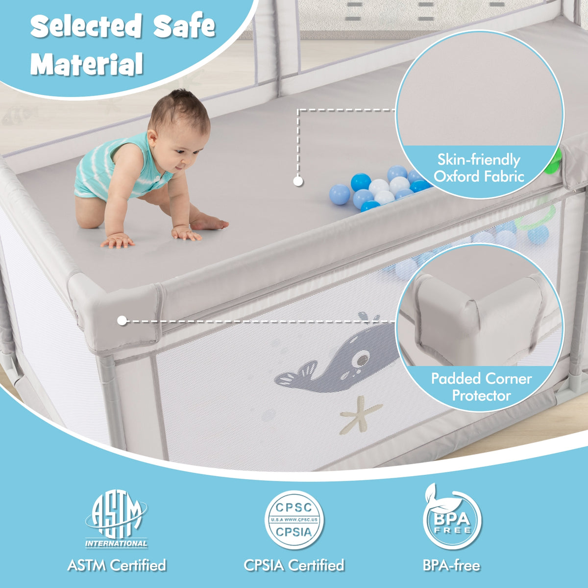 Large Baby Playpen with Pull Rings Ocean Balls and Cute Pattern-Whale-Baby Playpens & Playards-DECOROLALA