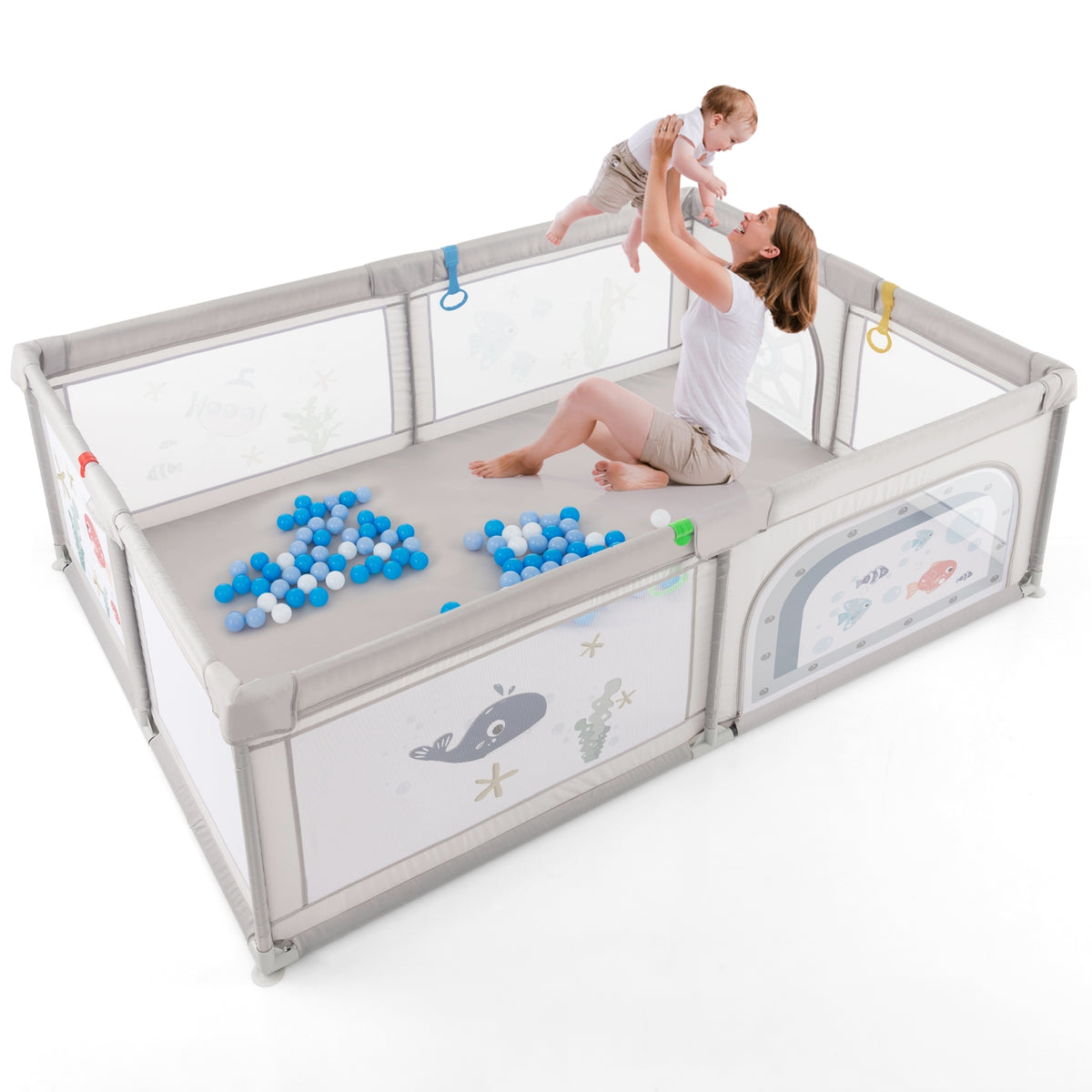 Large Baby Playpen with Pull Rings Ocean Balls and Cute Pattern-Whale-Baby Playpens & Playards-DECOROLALA
