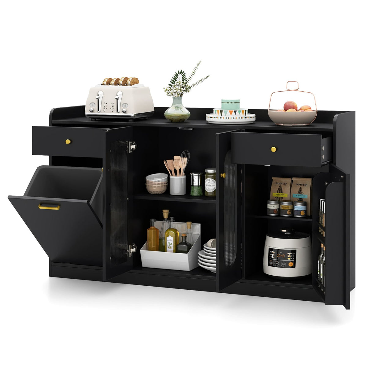 Large Buffet Cabinet Hidden Tilt Out Trash Can Cabinet with 2 Glass Doors-Black-Sideboards & Buffets-DECOROLALA