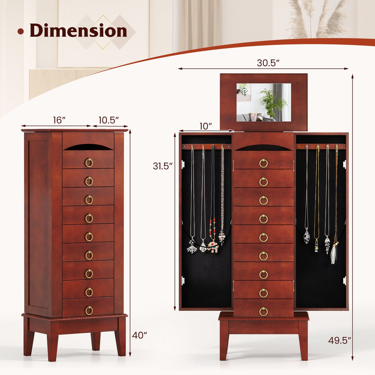 Large Capacity Jewelry Storage Cabinet with 9 Drawers-Jewelry Armoires-DECOROLALA