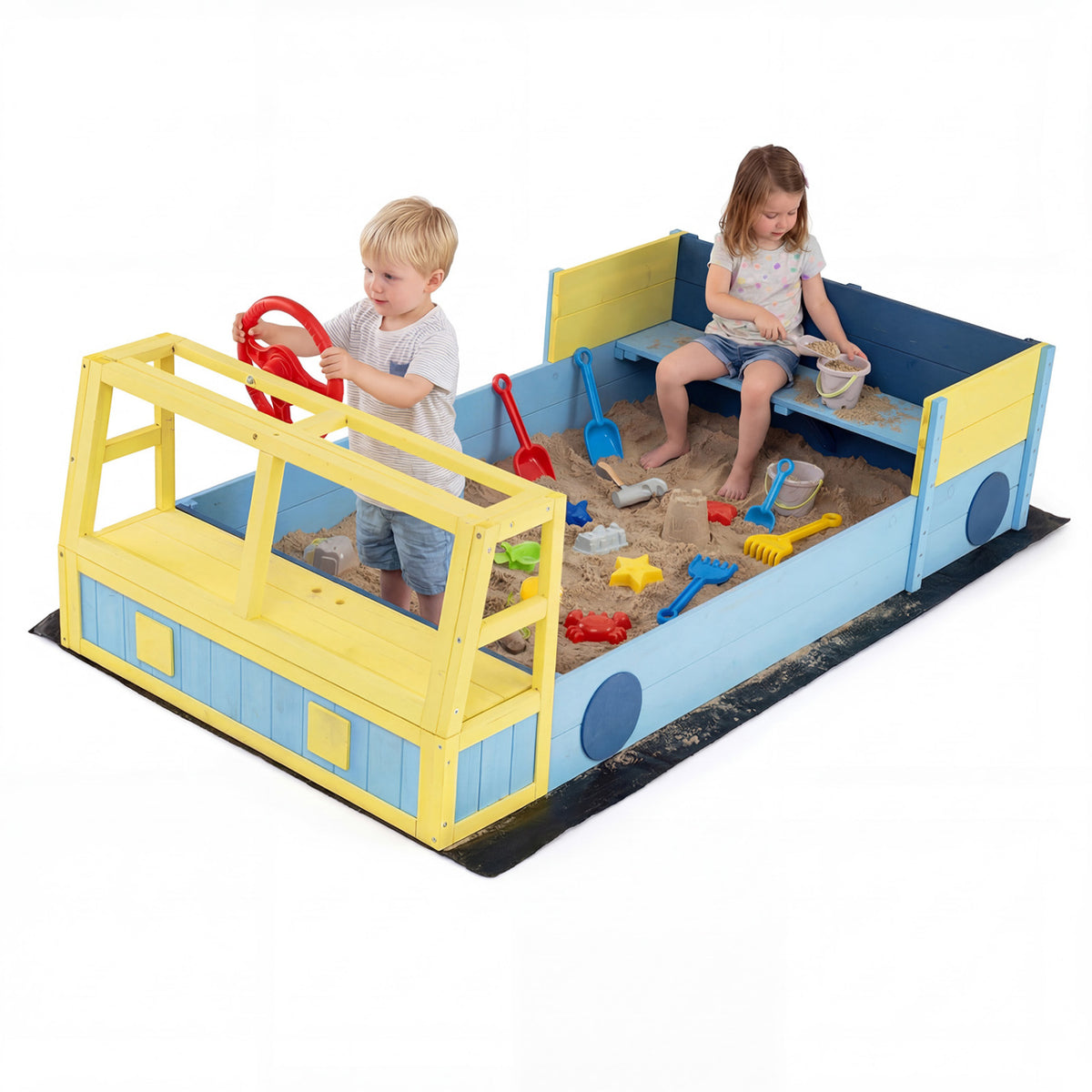 Large Car-Theme Sand Box with Bottom Liner and Fir Wood Frame-Blue