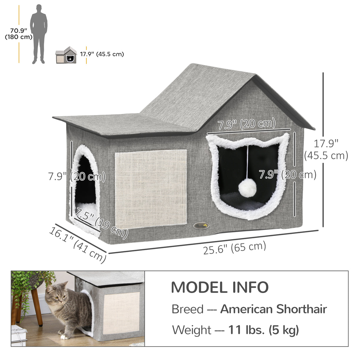 Large Cat House Hideaway with Scratching Pad and Cushion - Grey-Cats-DECOROLALA