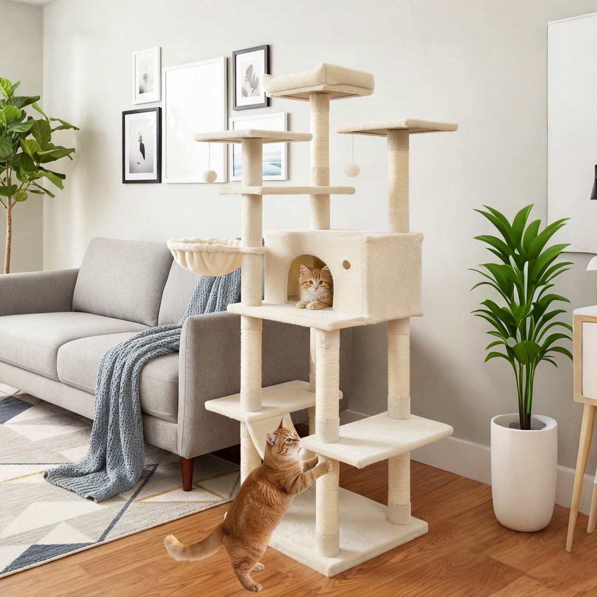 Large Cat Tree for Indoor Cats 63" Tall Cat Tower-Beige-Cat Trees & Scratchers-DECOROLALA